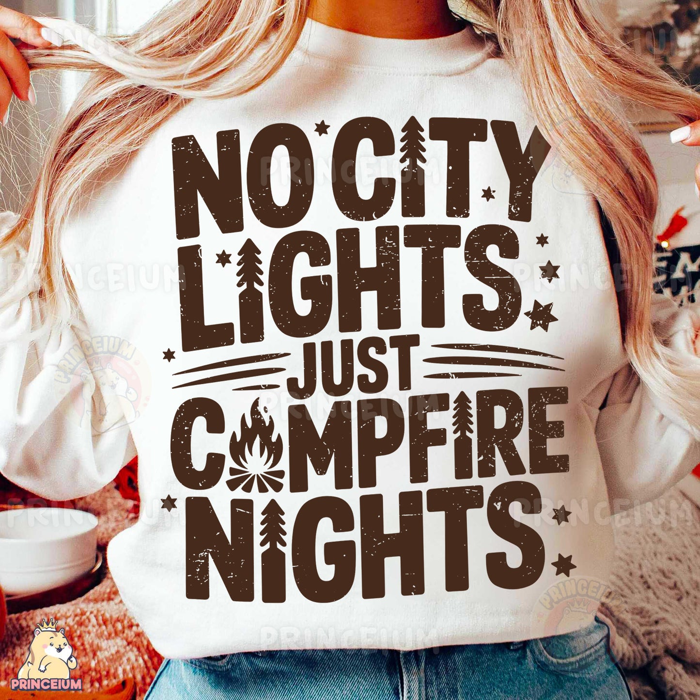 a woman wearing a white shirt that says nocty lights just campfire nights