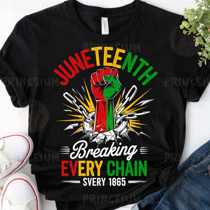 a black t - shirt with the words juneteeth breaking every chain