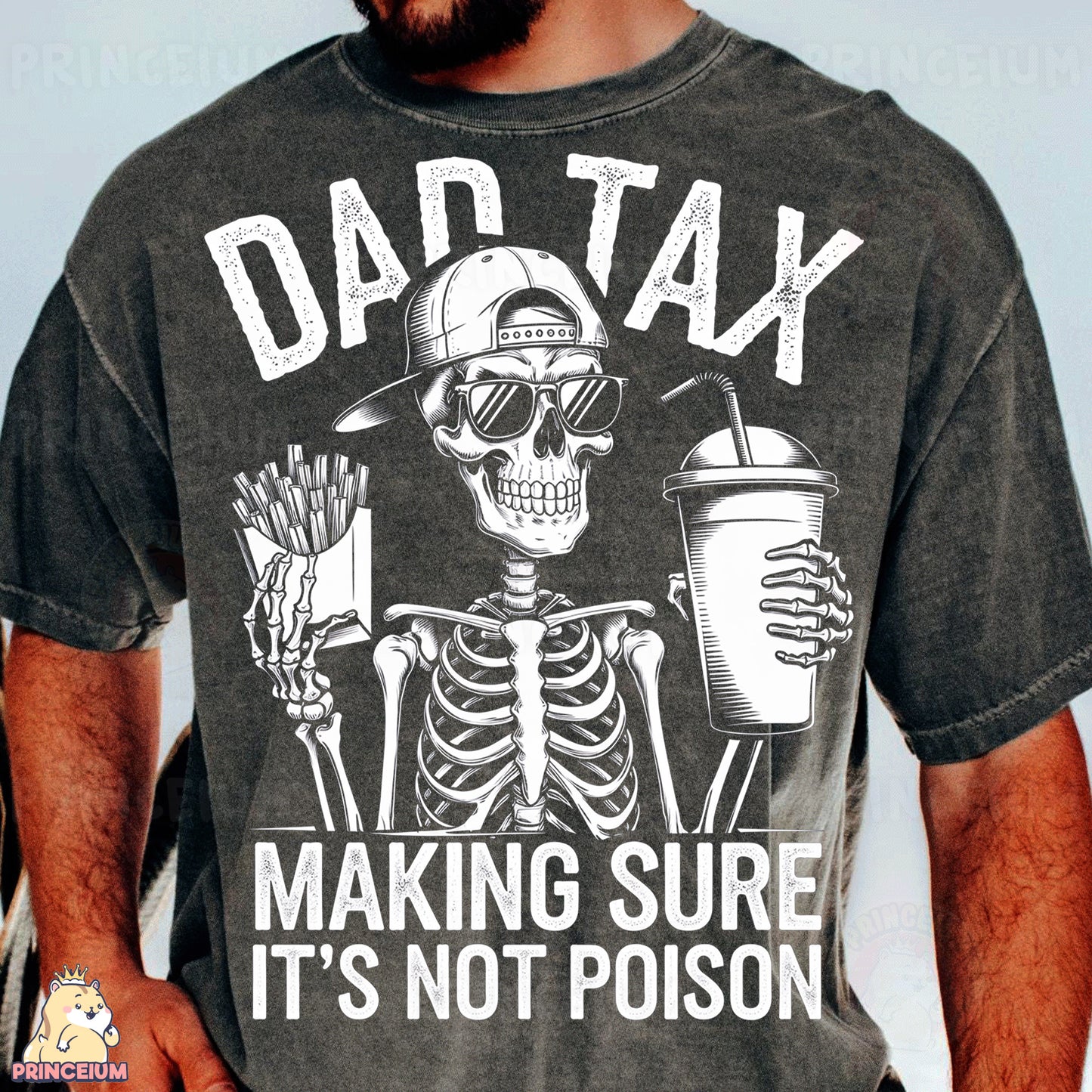 a man wearing a dark colored shirt with a skeleton holding a drink