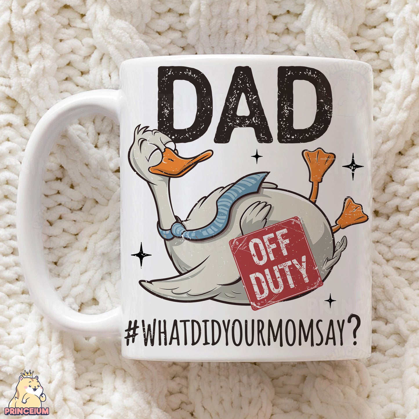 a white coffee mug with a duck on it