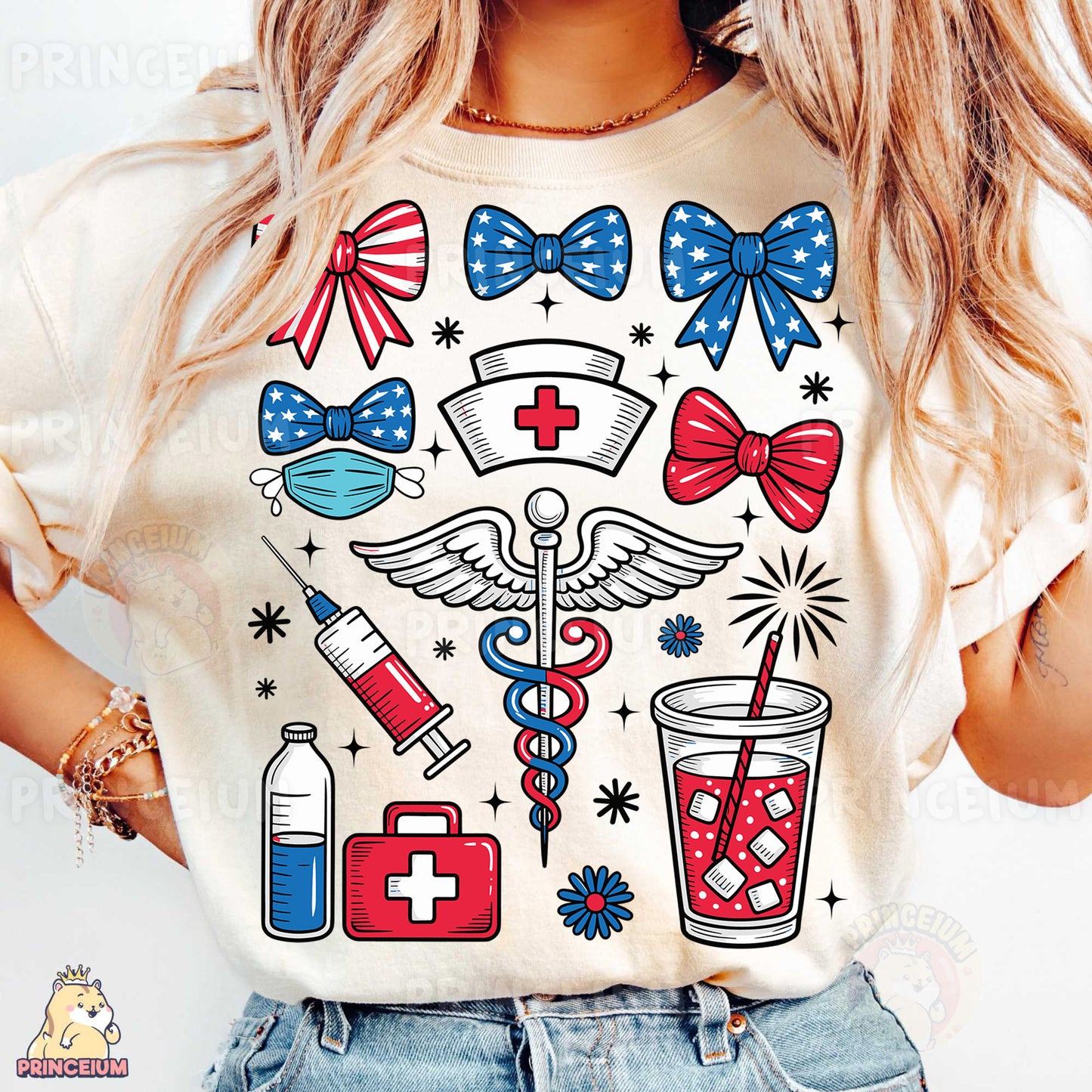 a woman wearing a t - shirt with medical symbols on it
