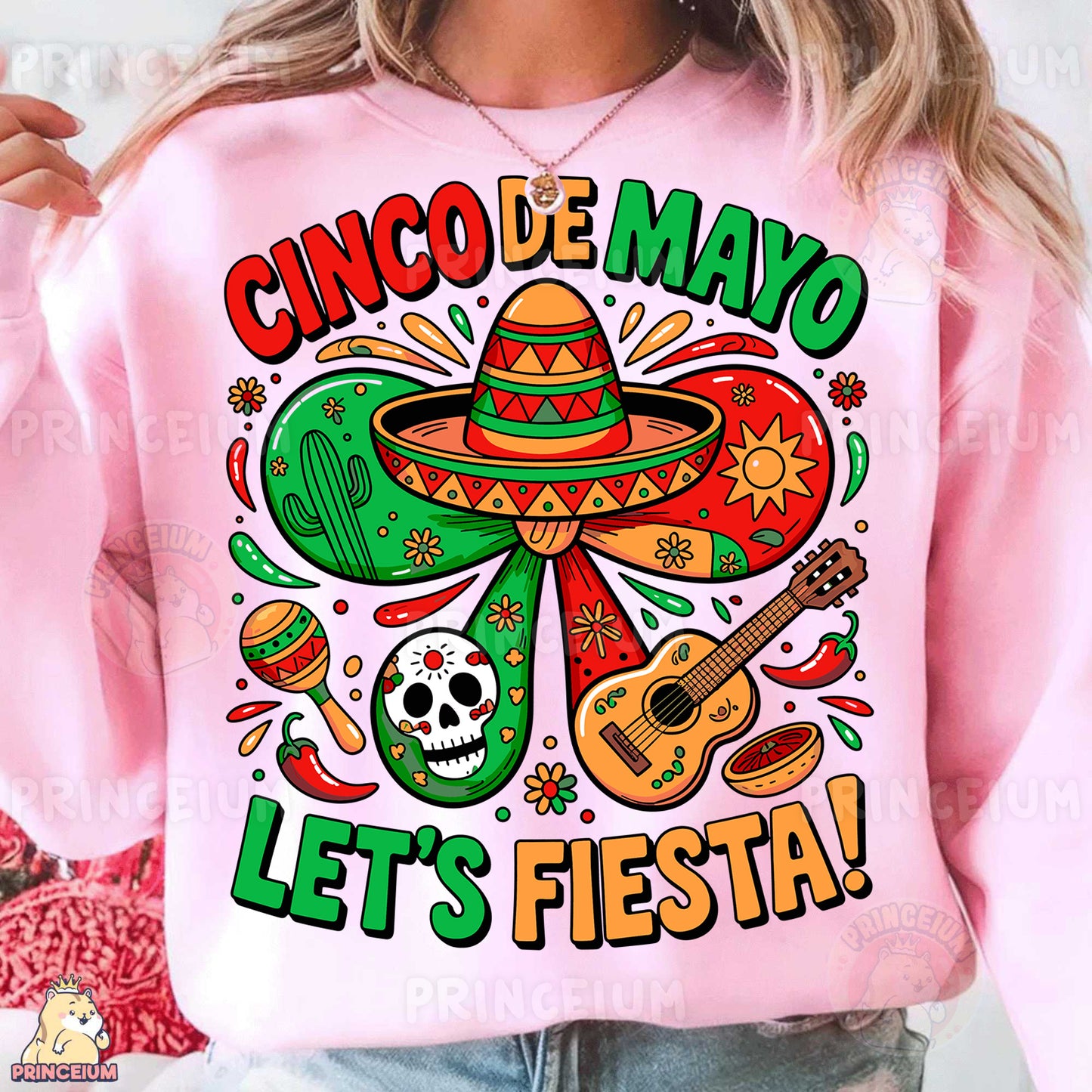 a woman wearing a pink cinco de mayo let's fiesta sweatshirt
