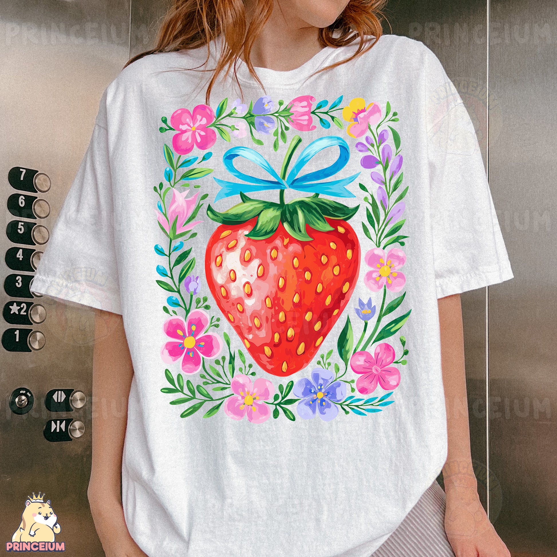 a woman wearing a white shirt with a strawberry on it