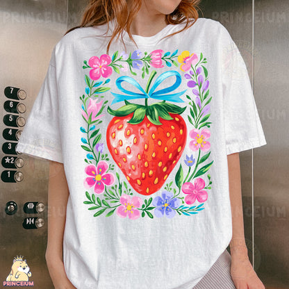 a woman wearing a white shirt with a strawberry on it