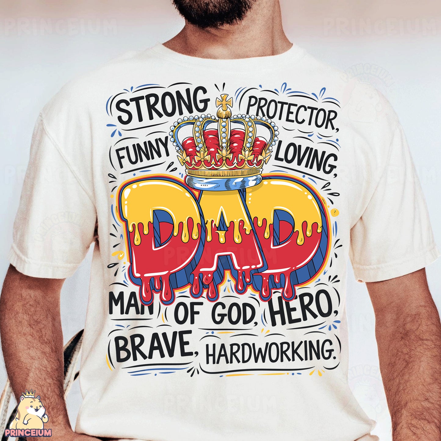 a man wearing a t - shirt with a crown on it