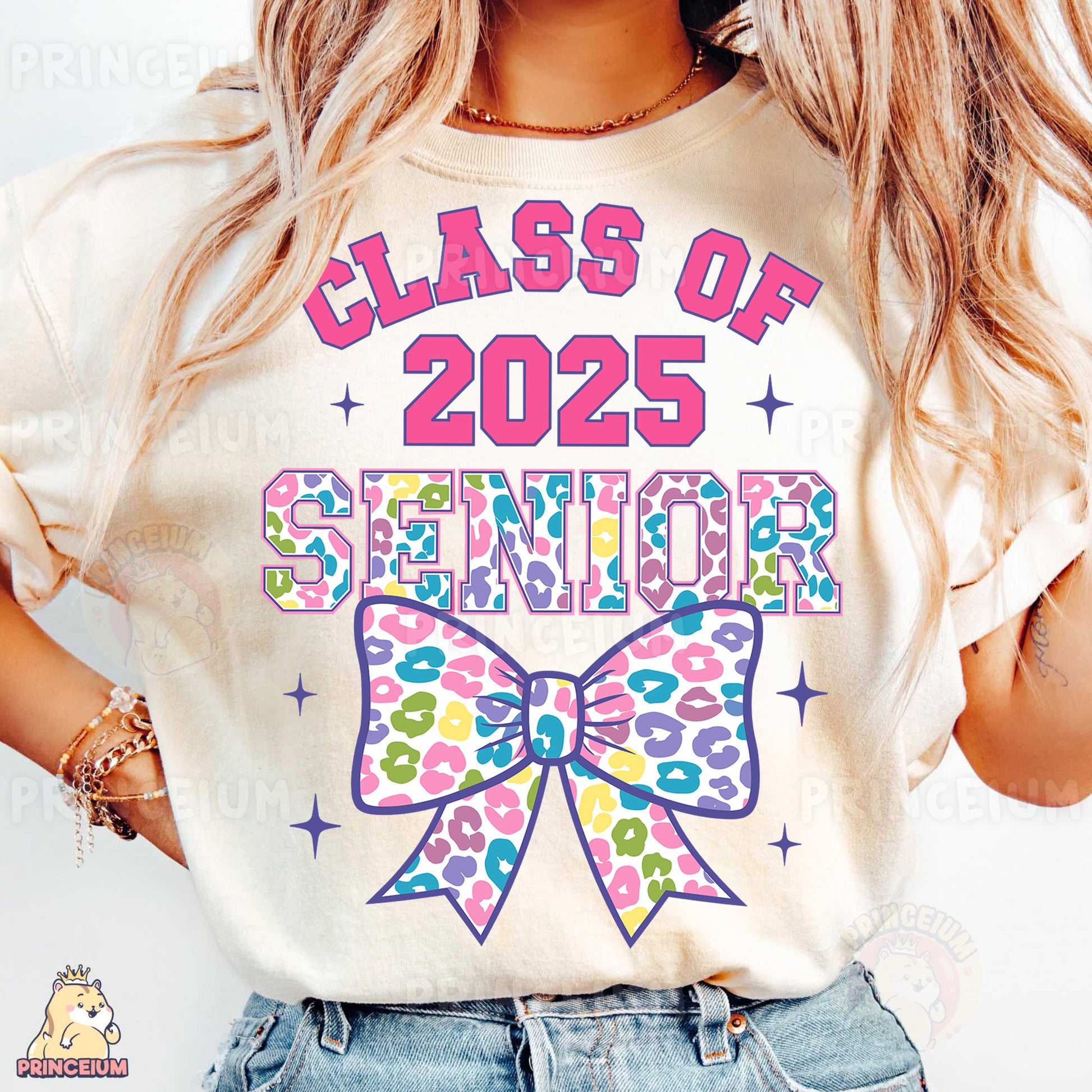 a woman wearing a class of 205 senior t - shirt