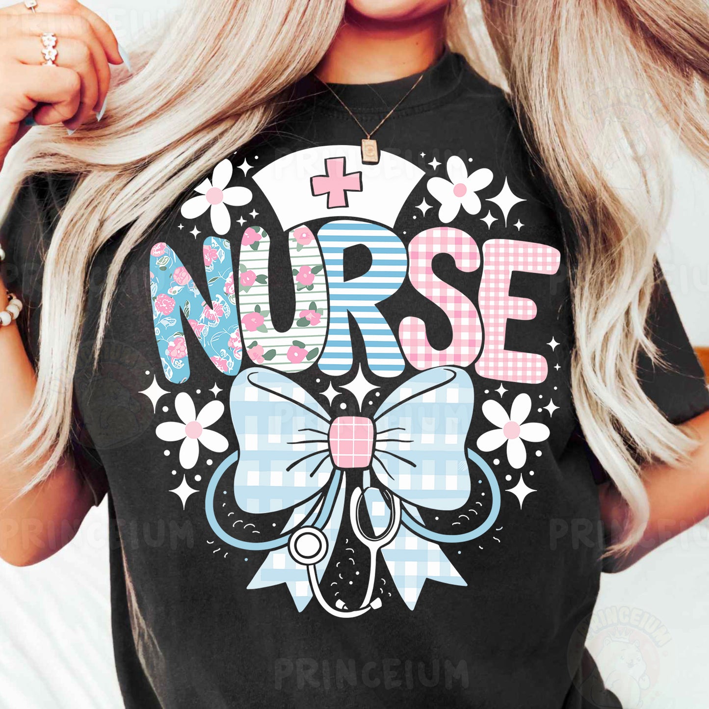 a woman with blonde hair wearing a black nurse t - shirt