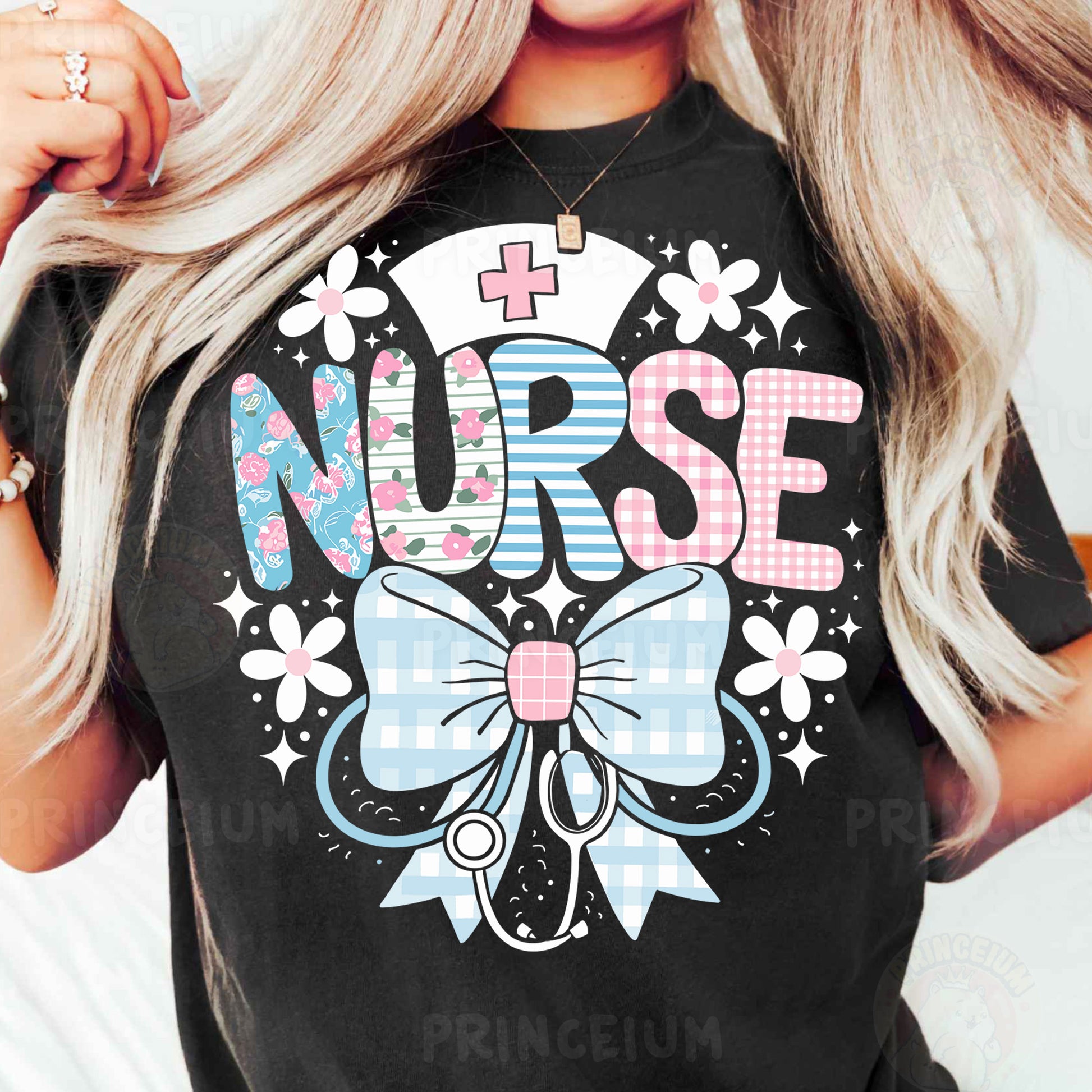 a woman with blonde hair wearing a black nurse t - shirt