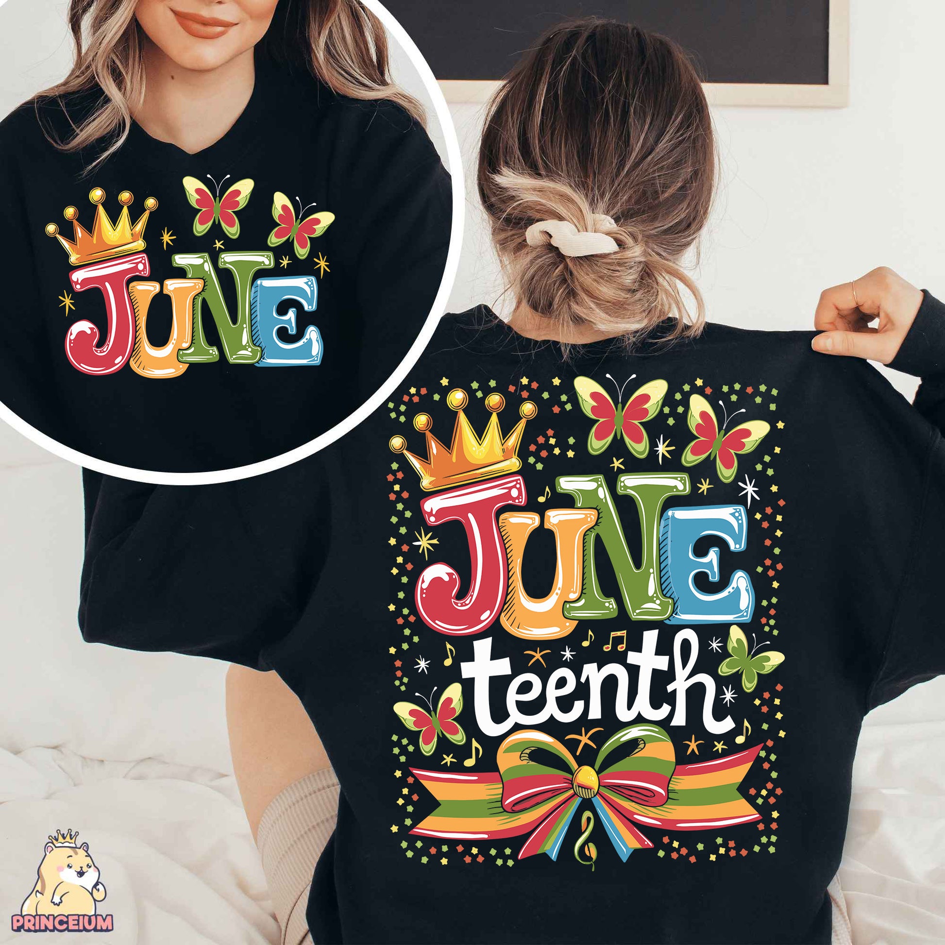 a woman wearing a black shirt with the word june on it