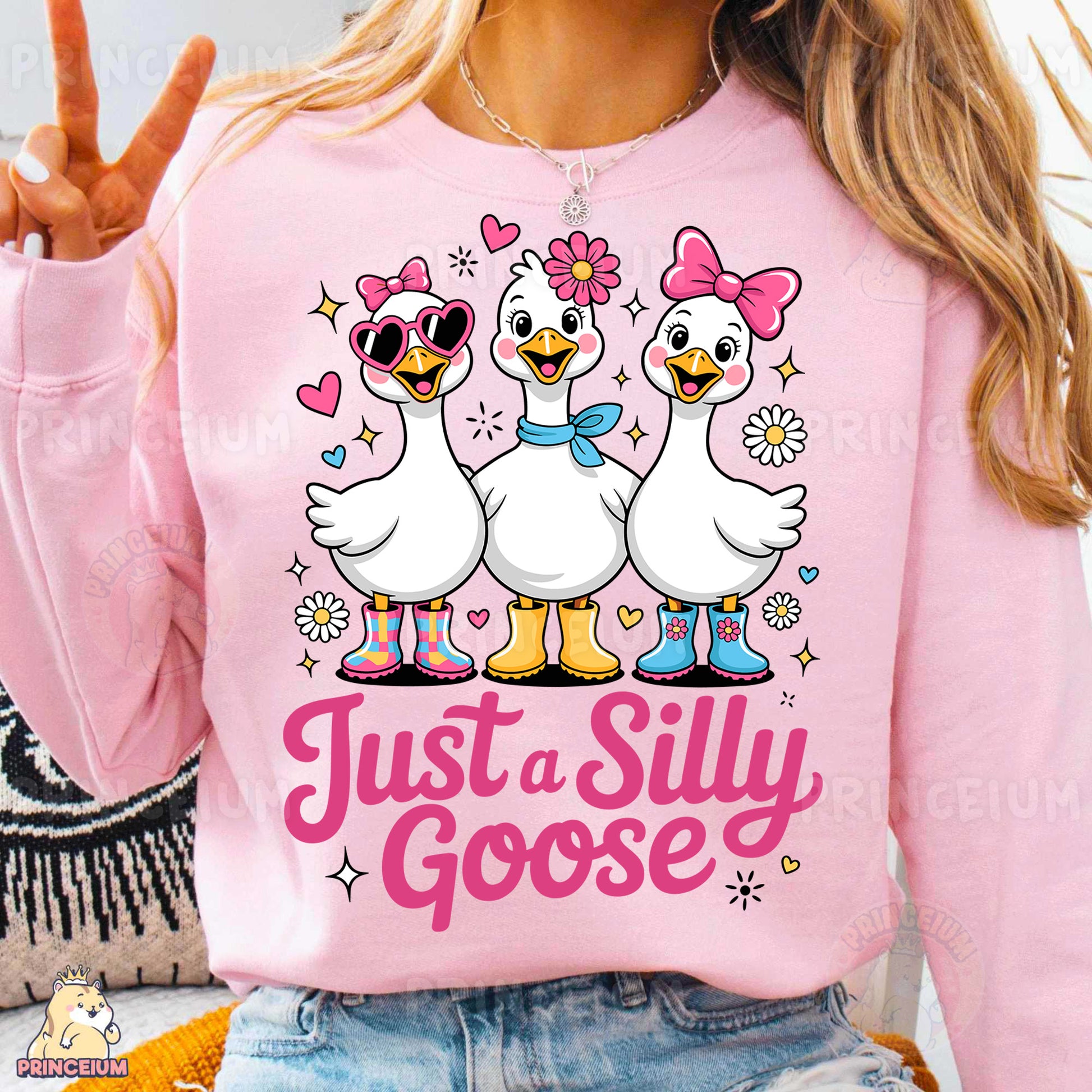 a woman wearing a pink shirt that says just a silly goose