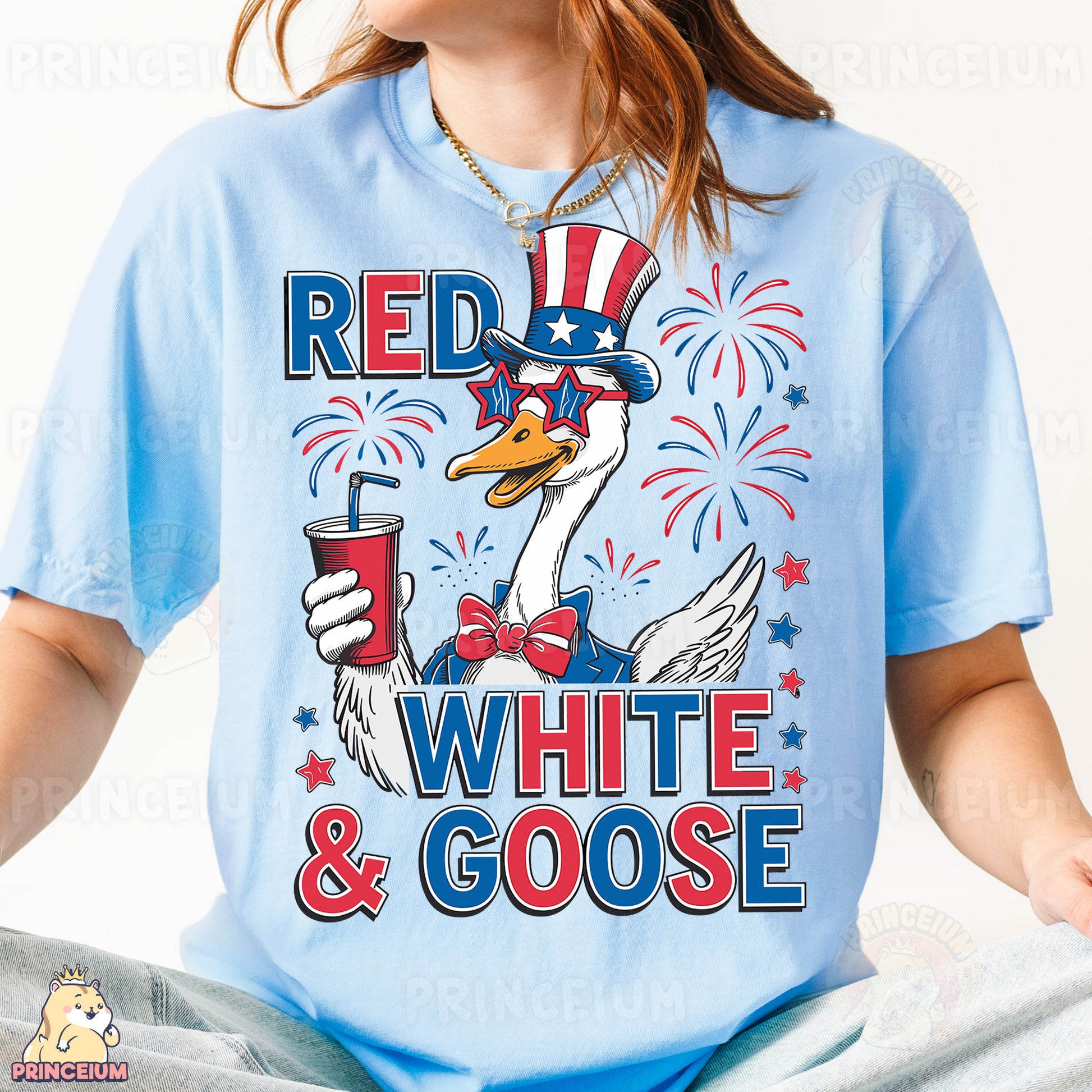 a woman wearing a red, white and goose t - shirt