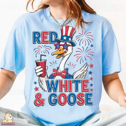 a woman wearing a red, white and goose t - shirt