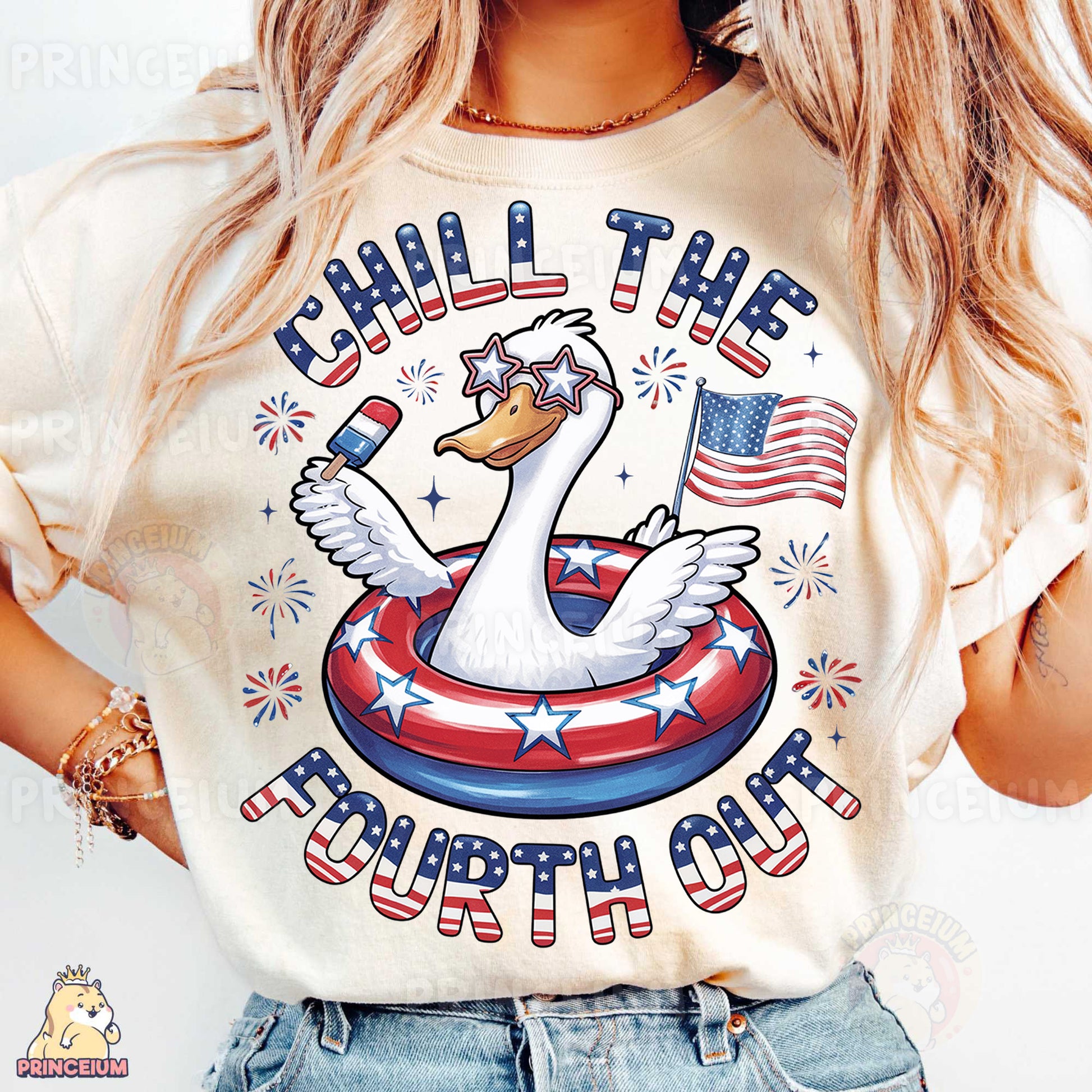 a woman wearing a t - shirt that says chill the fourth of july