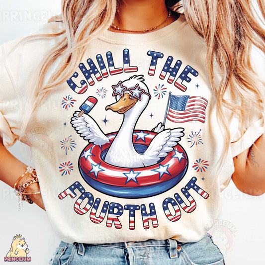 a woman wearing a t - shirt that says chill the fourth of july