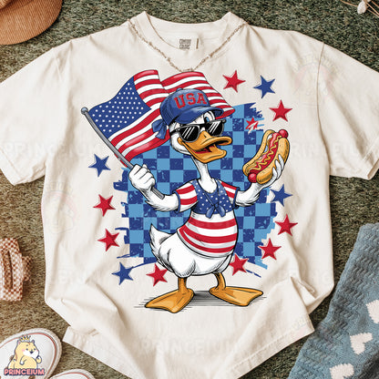 a t - shirt with a duck holding a hot dog and an american flag
