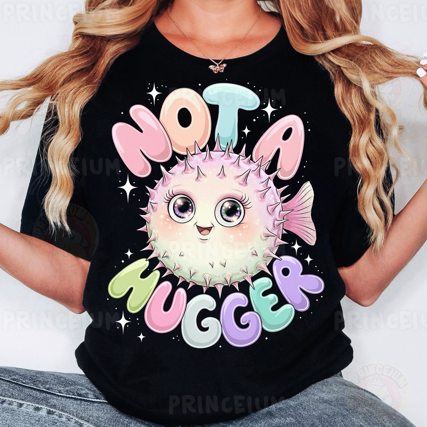 a woman wearing a black t - shirt with a puffy puffy puffy