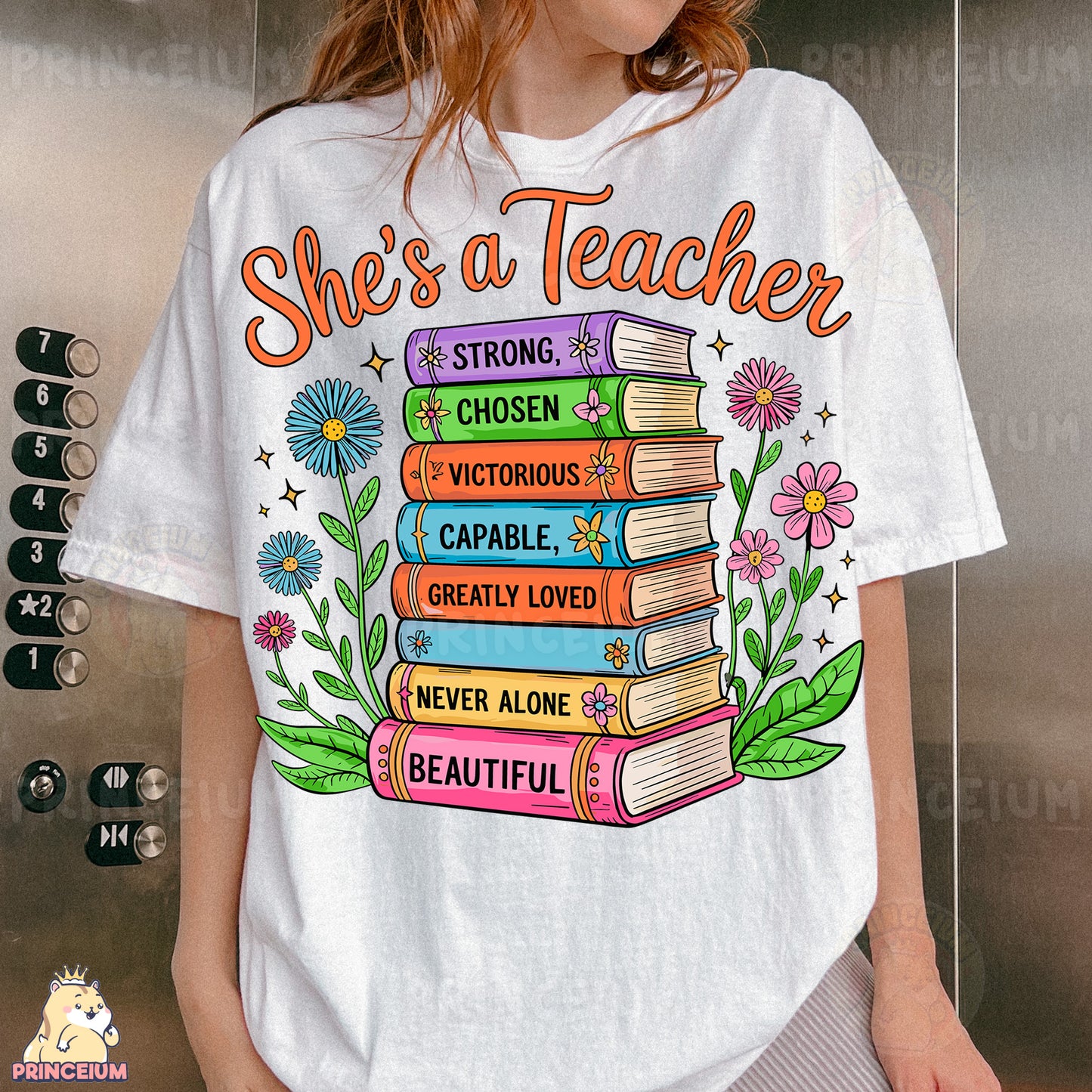 a woman wearing a t - shirt that says she's a teacher