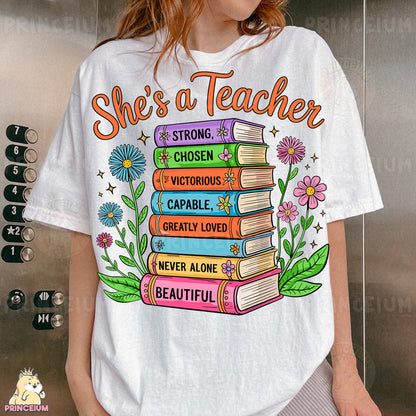 a woman wearing a t - shirt that says she's a teacher