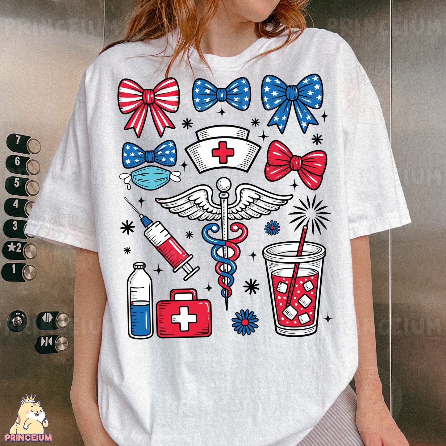 a woman wearing a white t - shirt with red, white, and blue designs