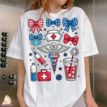 a woman wearing a white t - shirt with red, white, and blue designs