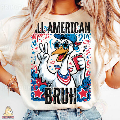 a woman wearing a t - shirt with a cartoon duck on it