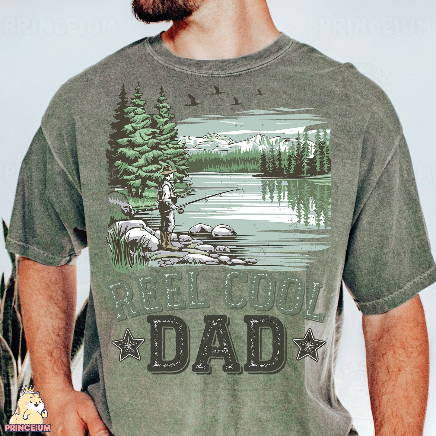 a man with a beard wearing a shirt with a fishing scene on it