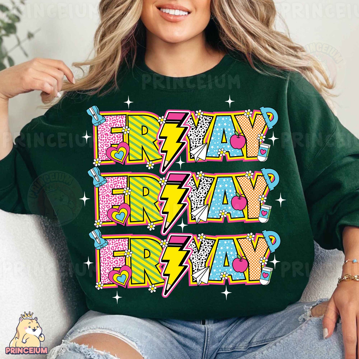 a woman sitting on a couch wearing a green sweatshirt