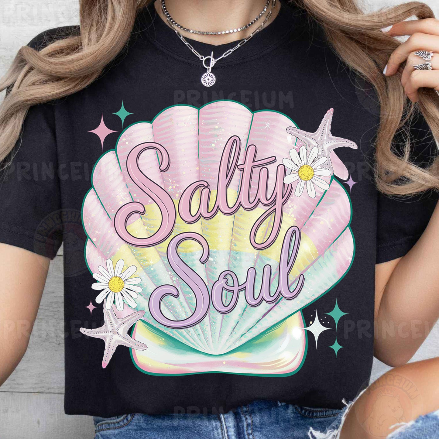 a woman wearing a t - shirt that says salty soul
