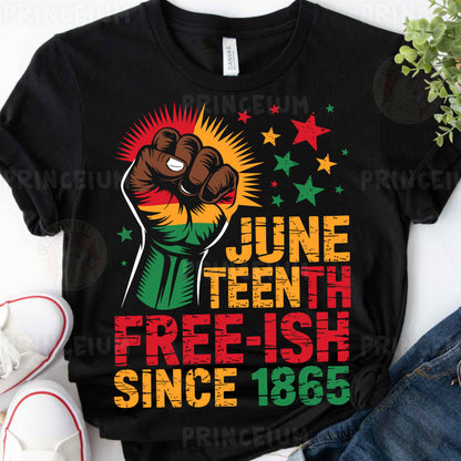 a black t - shirt with the slogan juneteeth freefish since 1965