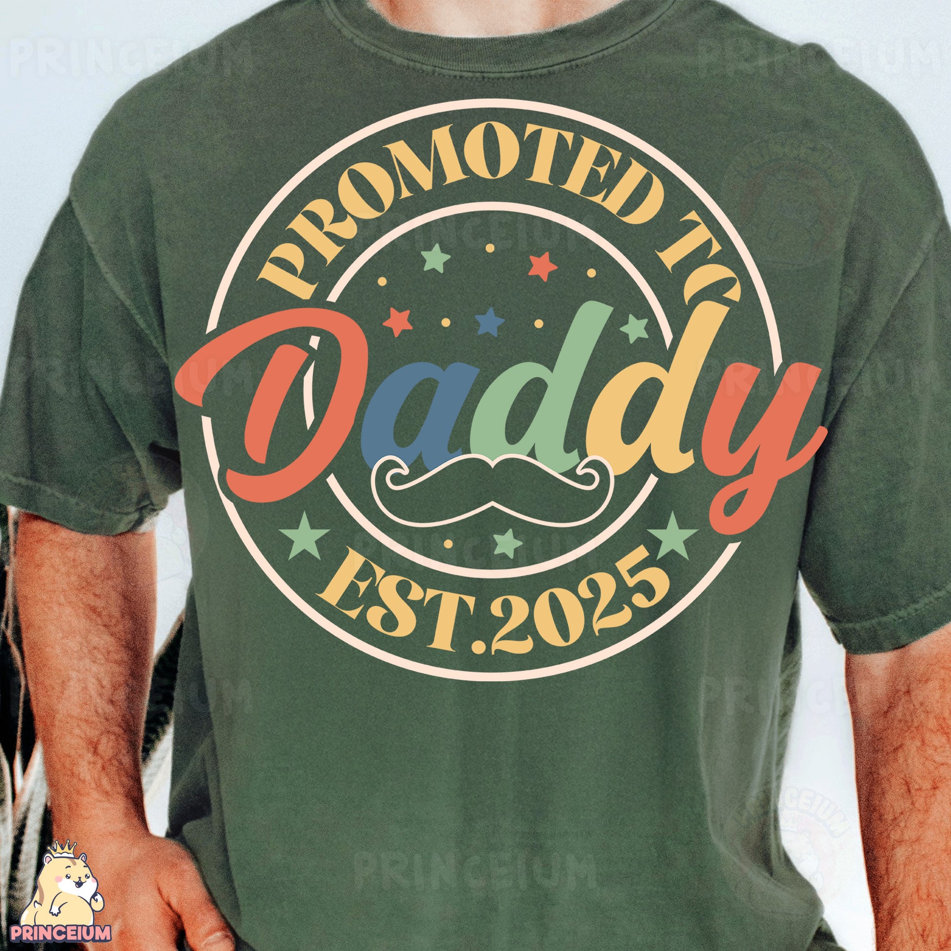 a man wearing a green t - shirt with a moustache on it