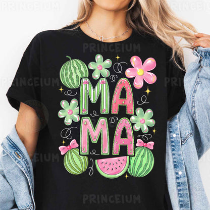 a woman wearing a black t - shirt that says i'm a mama with