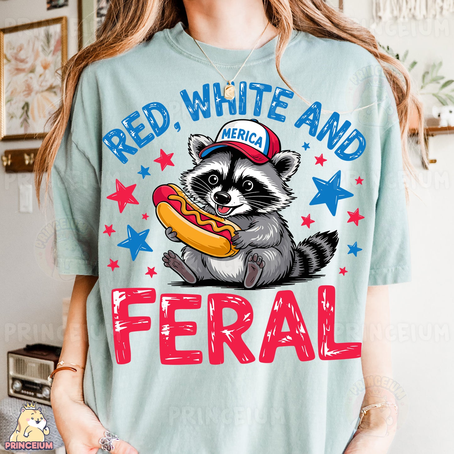 a woman wearing a red, white and blue shirt with a raccoon eating