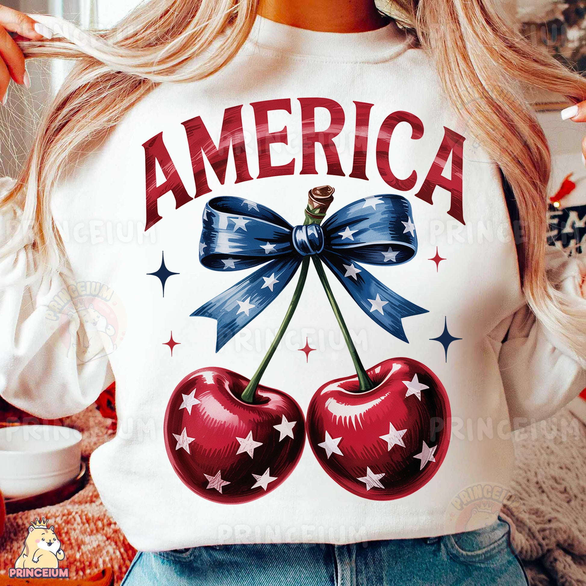 a woman wearing a patriotic shirt with two cherries on it
