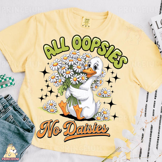 a yellow shirt with a duck holding a bouquet of daisies