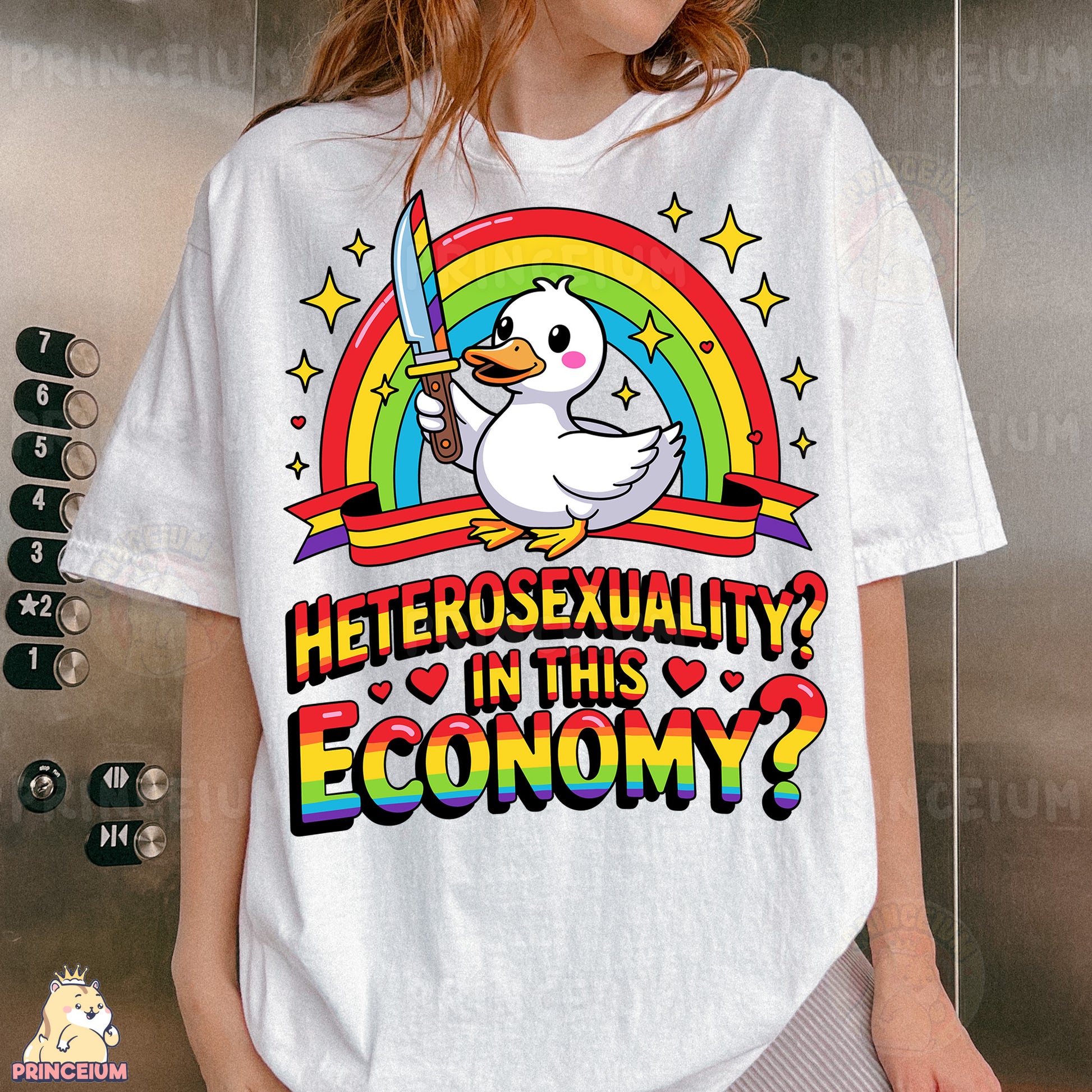 a woman wearing a white shirt with a duck on it