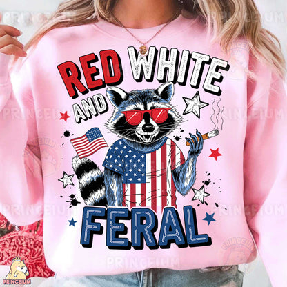 a woman wearing a red, white and blue shirt with a raccoon wearing