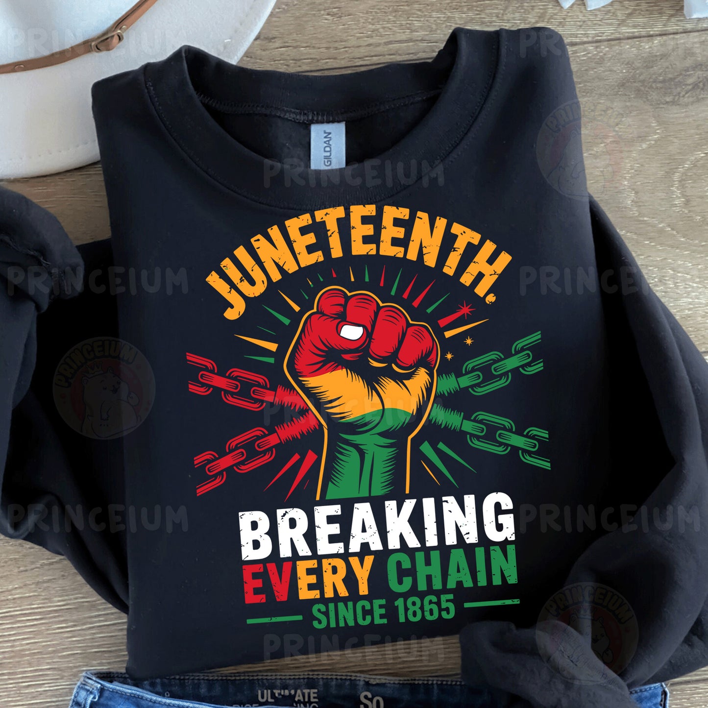 a black t - shirt with the words juneteeth breaking every chain since 1965