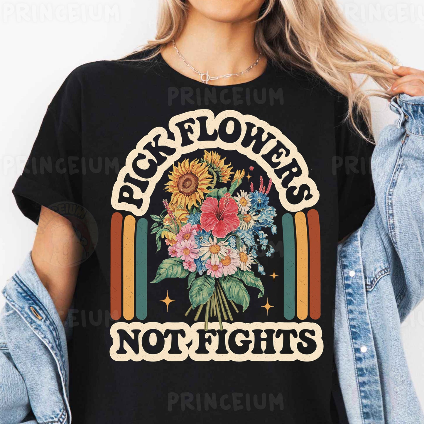 a woman wearing a black t - shirt with a flower bouquet on it