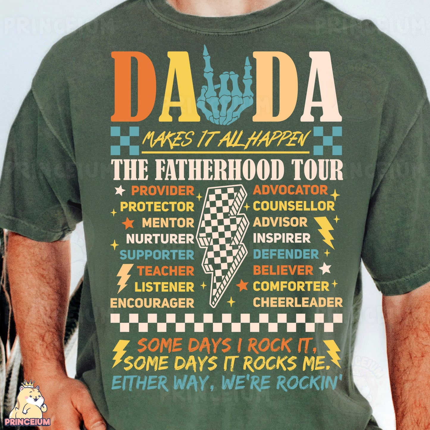 a man wearing a green t - shirt with the words dada on it