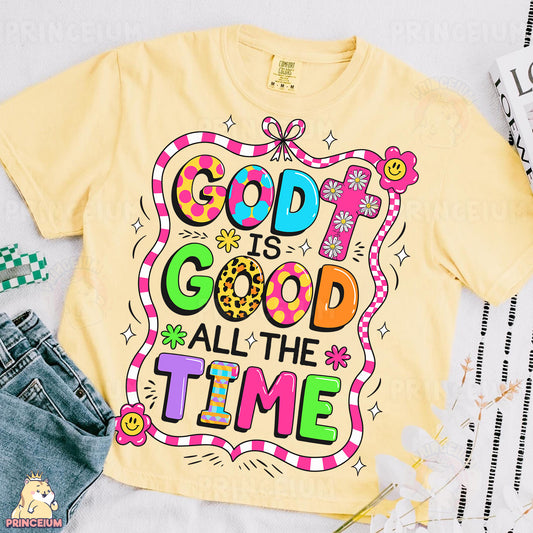 a t - shirt that says god is good all the time