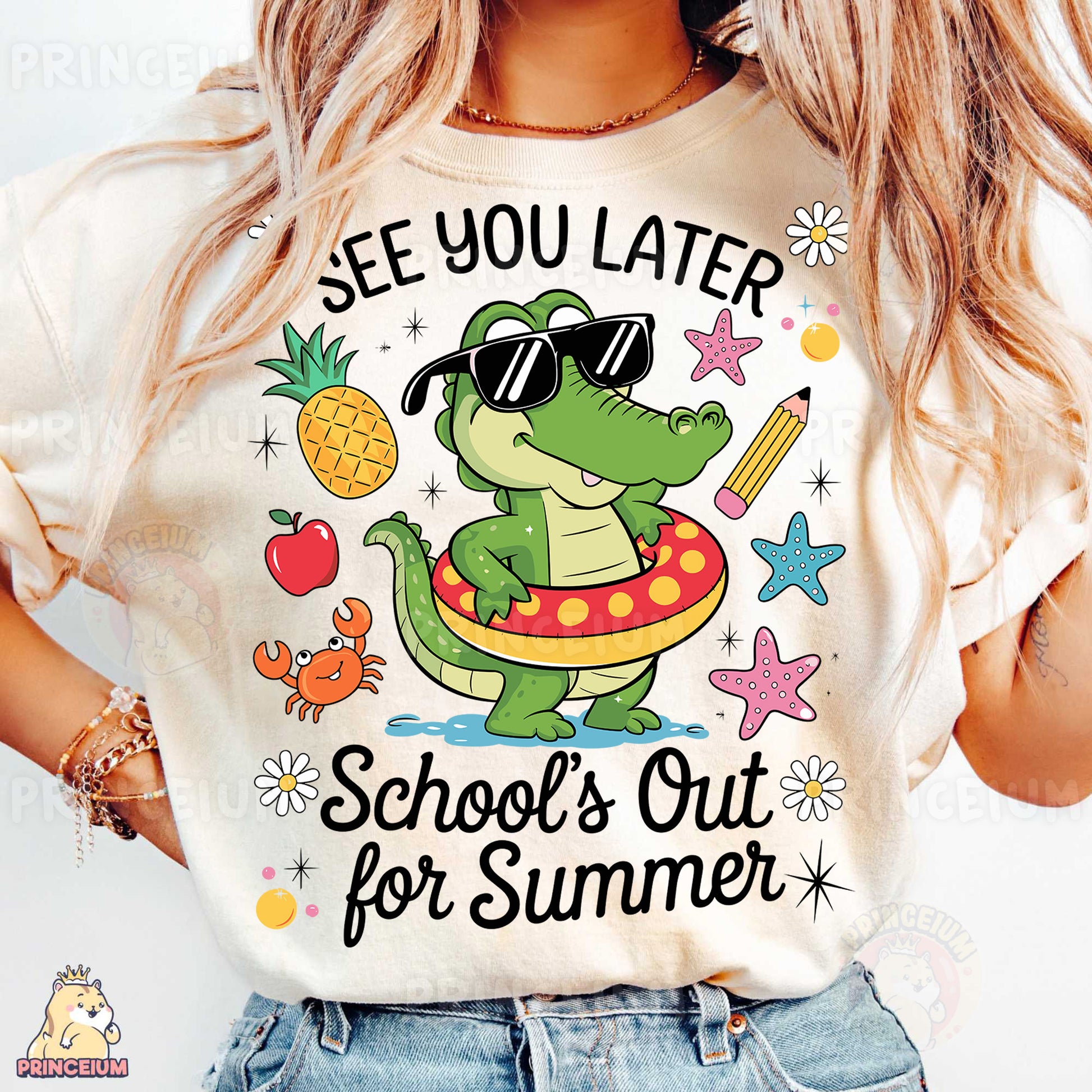 a woman wearing a t - shirt that says see you later school's out