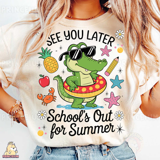 a woman wearing a t - shirt that says see you later school's out