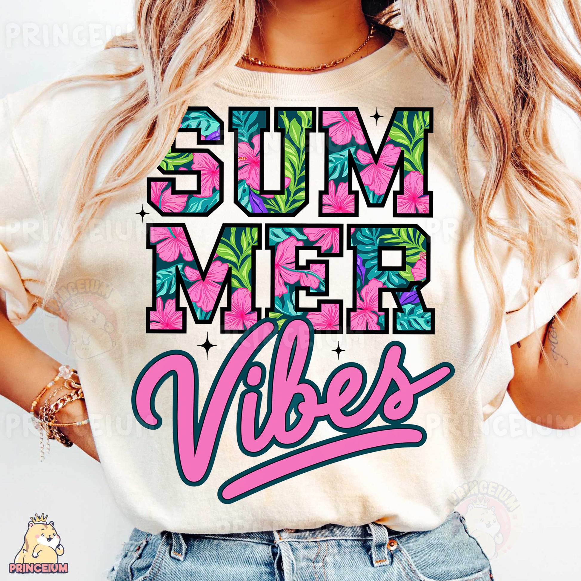 a woman wearing a t - shirt that says summer vibes