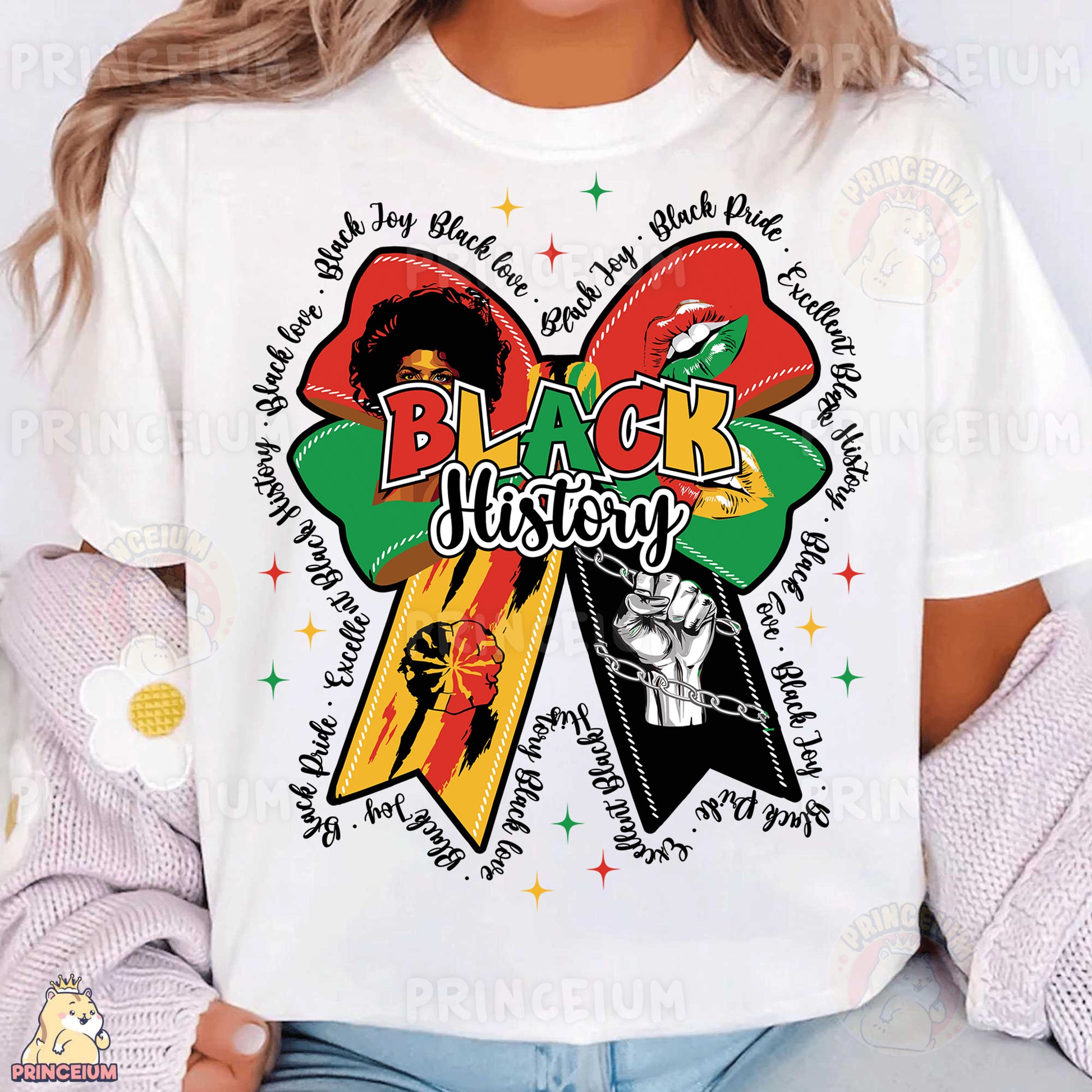 a woman wearing a black history t - shirt