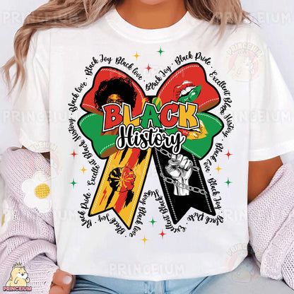 a woman wearing a black history t - shirt