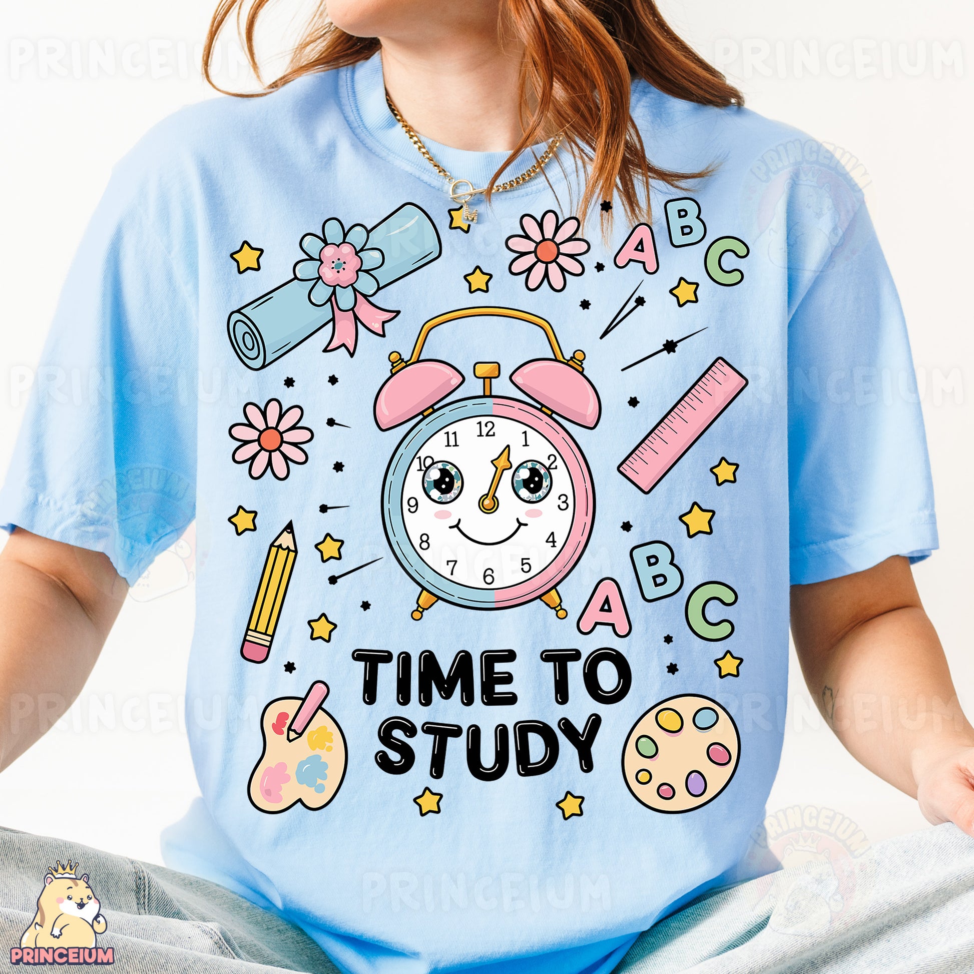 a girl wearing a t - shirt that says time to study