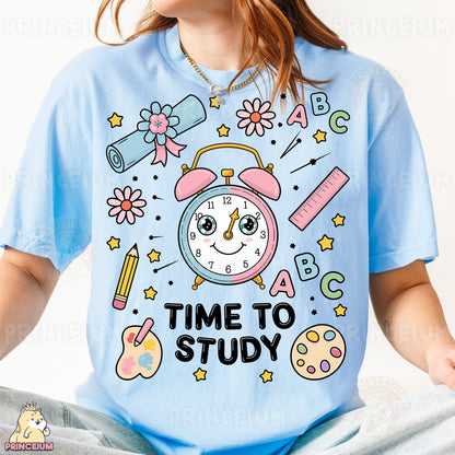 a girl wearing a t - shirt that says time to study