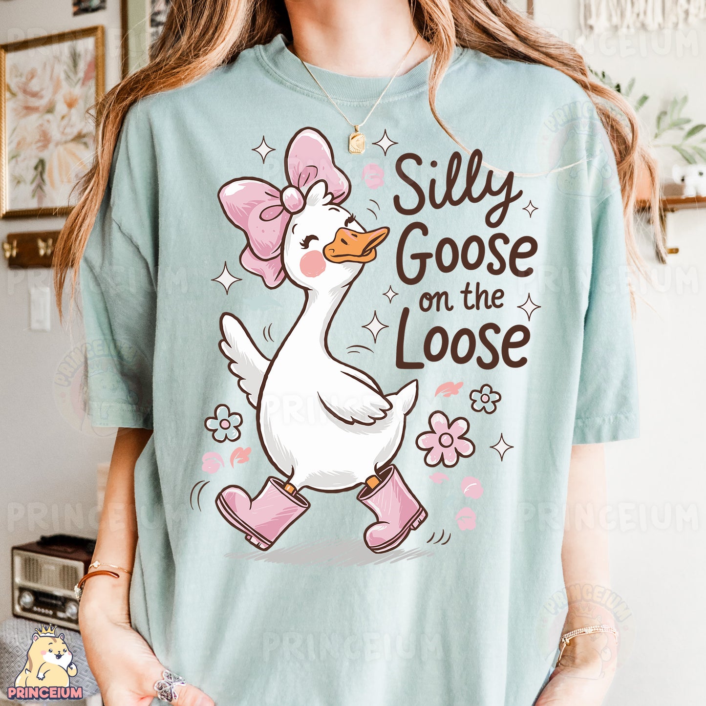 a girl wearing a silly goose on the loose shirt