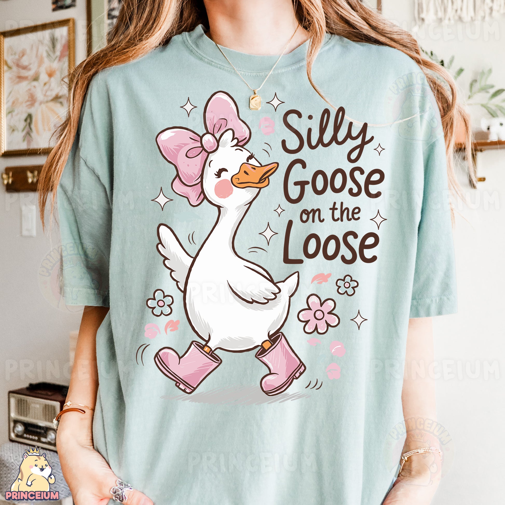 a girl wearing a silly goose on the loose shirt