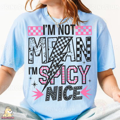 a woman wearing a t - shirt that says i'm not mean i '